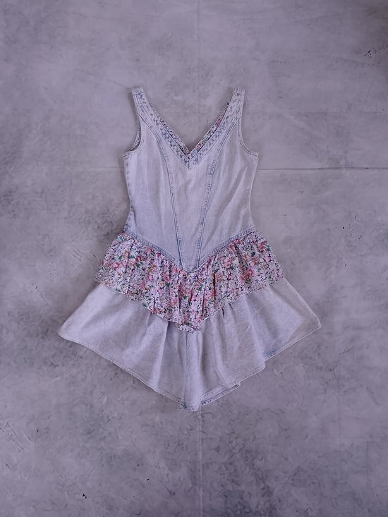 Vintage 80s 90s Acid Wash  Floral Ruffle Mini Short Dress