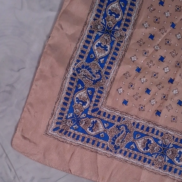Vintage Made in Italy Paisley Scarf – Tan & Blue – 30” Square