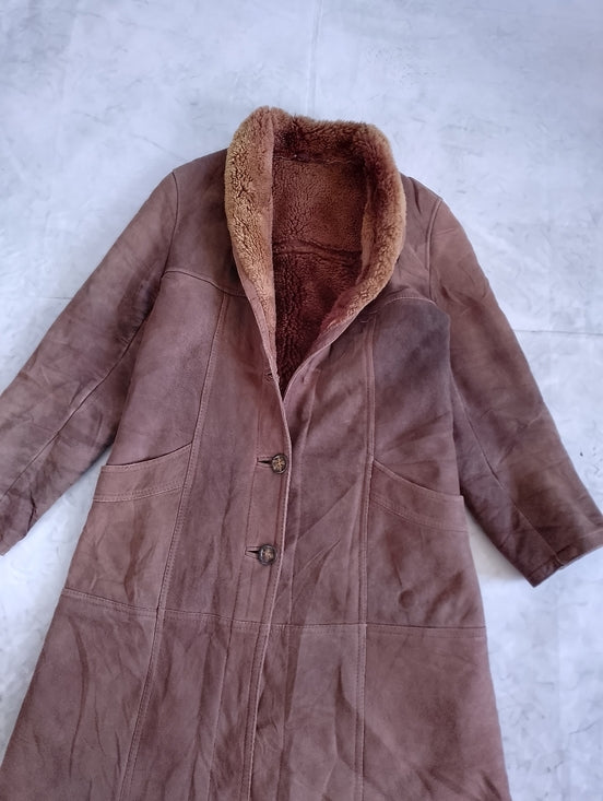Vintage Womens Brown Shearling Teddy-Lined Leather Long Coat