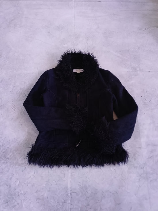 Y2K Style Women's Faux-Fur Trim Dark Black Jacket SUZY SHIER