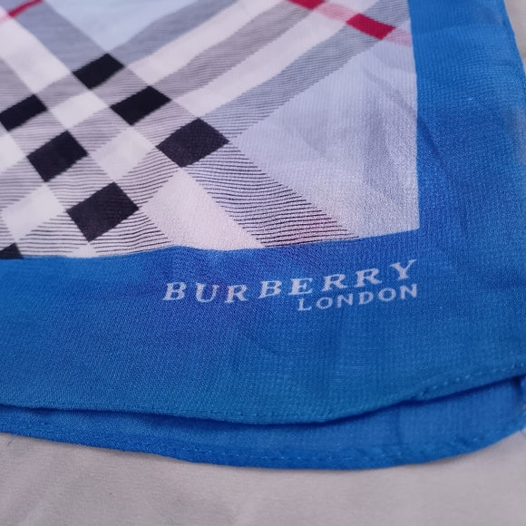 Vintage Burberry Check Handkerchief Scarf Blue Border 60x20 Classic Designer