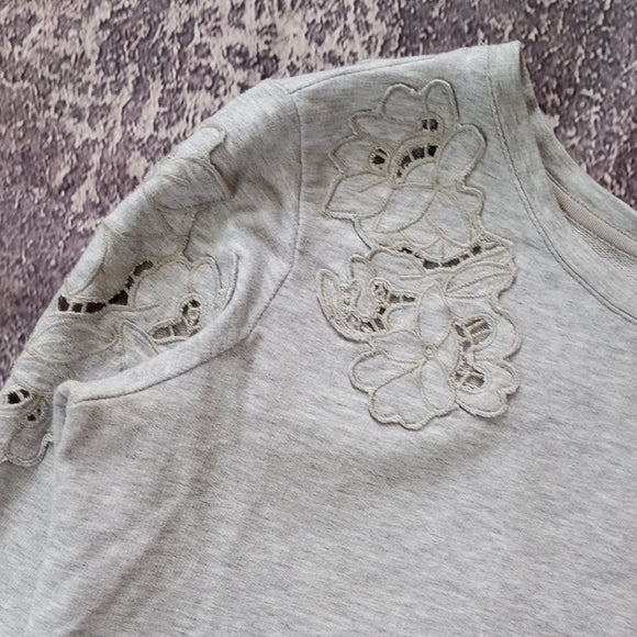 Club Monaco Grey Embroidered Floral Long Sleeve Top