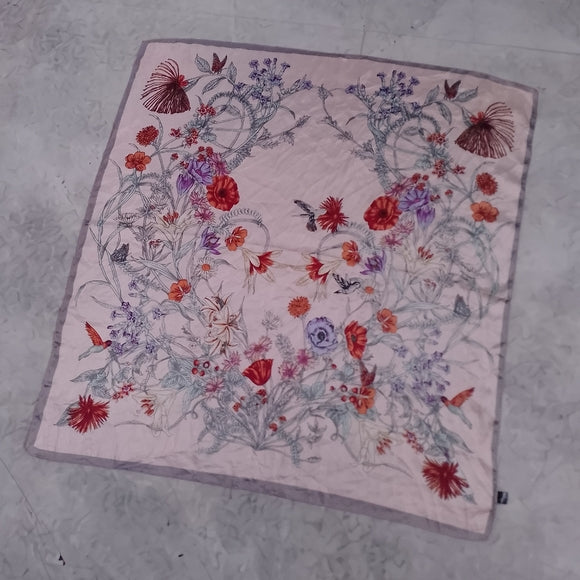 Vintage Pink Floral Silk-Feeling Polyester Scarf 27in Lightweight Retro