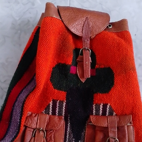 Vintage Peru Andean Hippie Boho Festival Wool Blanket Pockets Bag Backpack Rucks