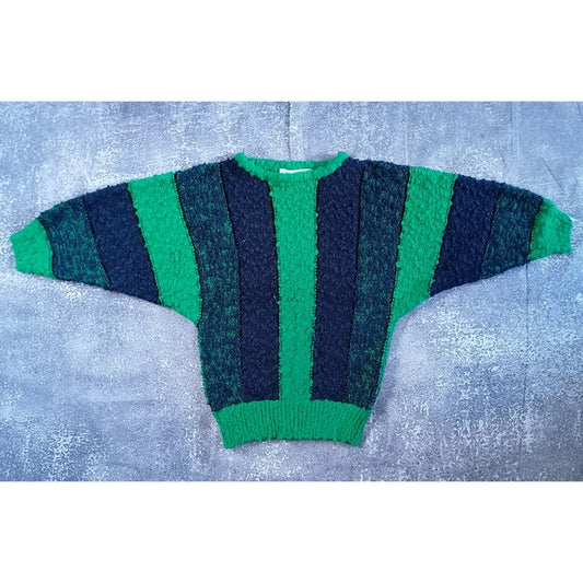 VINTAGE 90s Big Fluffy Wide Arms Green and Black Striped Sweater