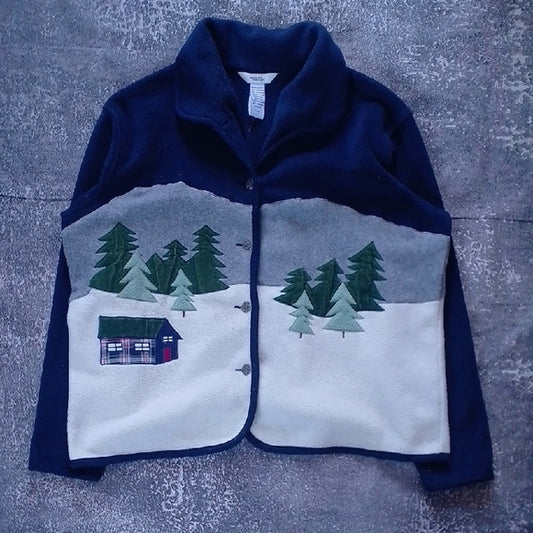 VINTAGE Cottage Winterscape Button Up Jacket Embroidery