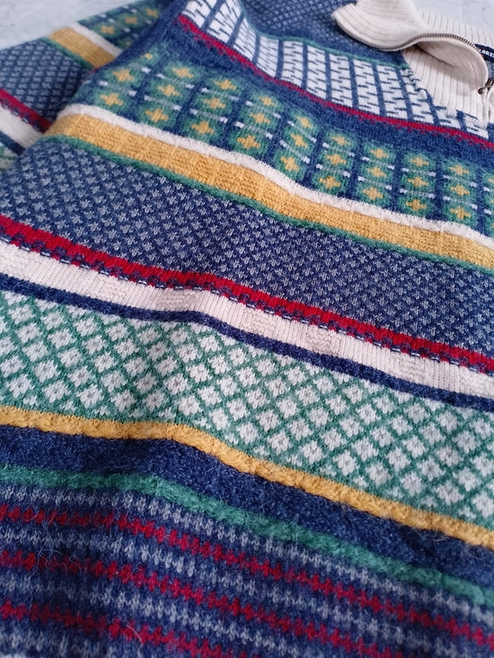 Vintage 90s Enzo Lorenzo WOOL Multicoloured Patterned Knit Sweater with Shawl Co