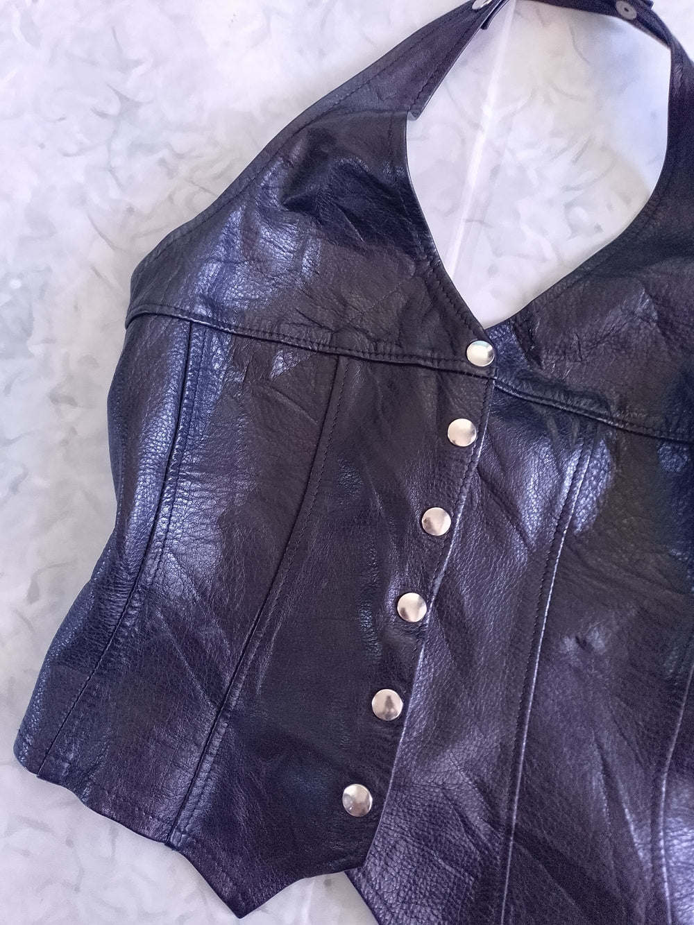 Vintage CUSTOM ELAINA for ON THE FRINGE Black Leather Halter Vest