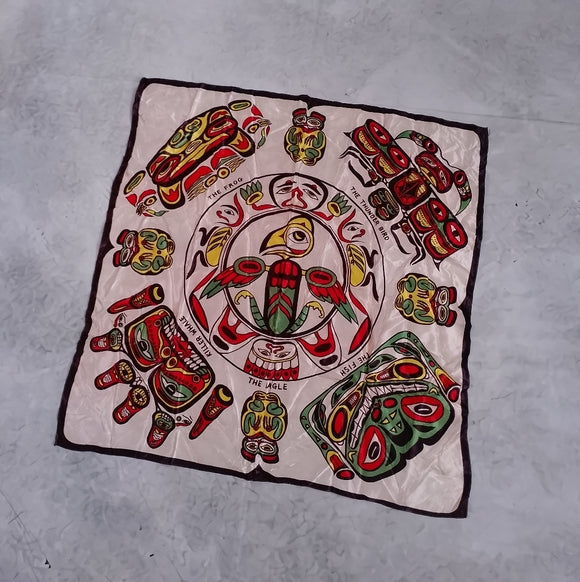 Vintage Native Canadian Haida Art Scarf Thunderbird Frog Fish Eagle Whale SILK