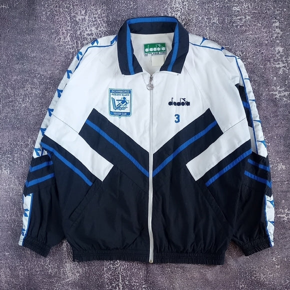 Vintage 1990s Diadora Men's White and Blue Jacket UNISEX Scarborough Soccer Club