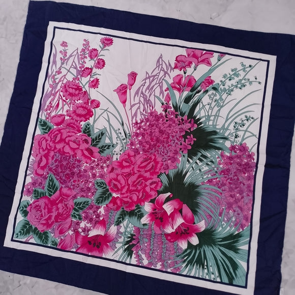 Vintage 70s Abstract Floral Border Stripe Scarf Pink Navy 27” Satin Polyester