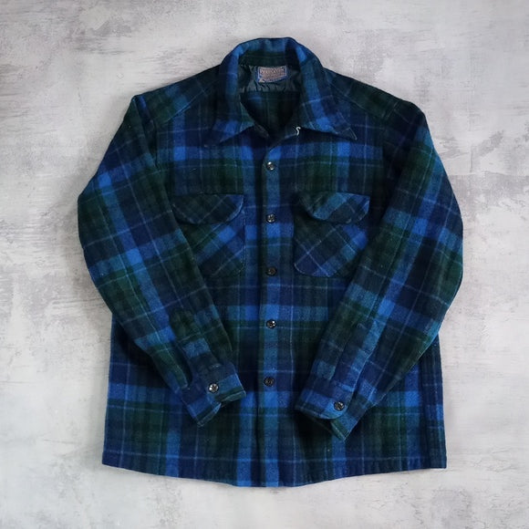 Vintage 70s M PENDLETON BUTTON UP SWEATER TARTON PLAID BLUE