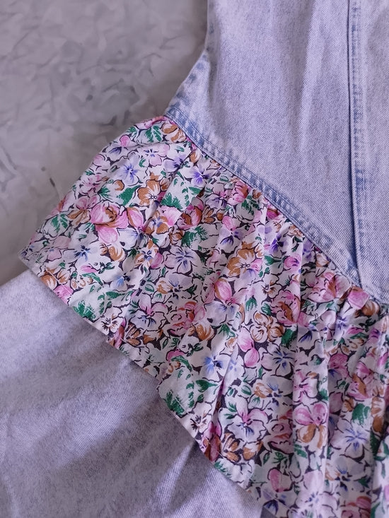 Vintage 80s 90s Acid Wash  Floral Ruffle Mini Short Dress