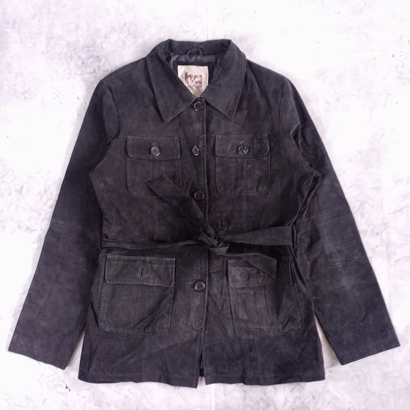 Vintage Women's Black Leather Suede Belted Jacket