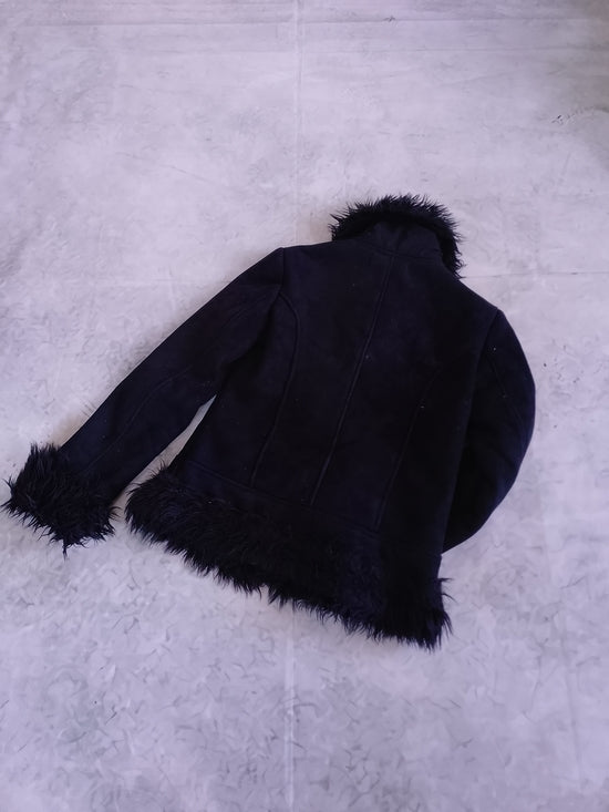 Y2K Style Women's Faux-Fur Trim Dark Black Jacket SUZY SHIER
