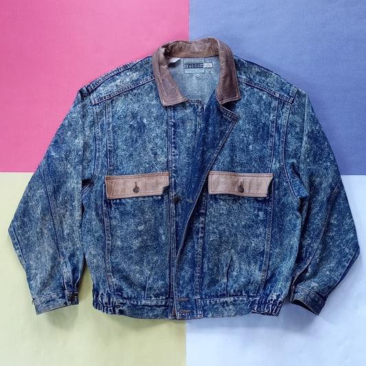 Vintage 80s Fiori Acid Wash Leather Trim Jean Denim Jacket