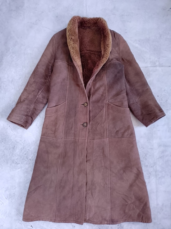 Vintage Womens Brown Shearling Teddy-Lined Leather Long Coat