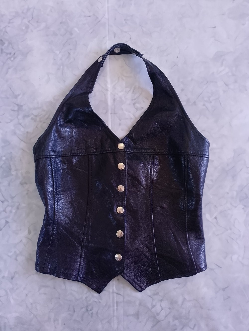 Vintage CUSTOM ELAINA for ON THE FRINGE Black Leather Halter Vest