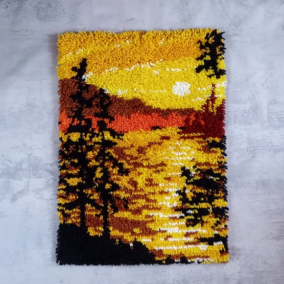 Vintage 70s Latch Hook Rug Silloete Trees With Sunset And Lake with Hills