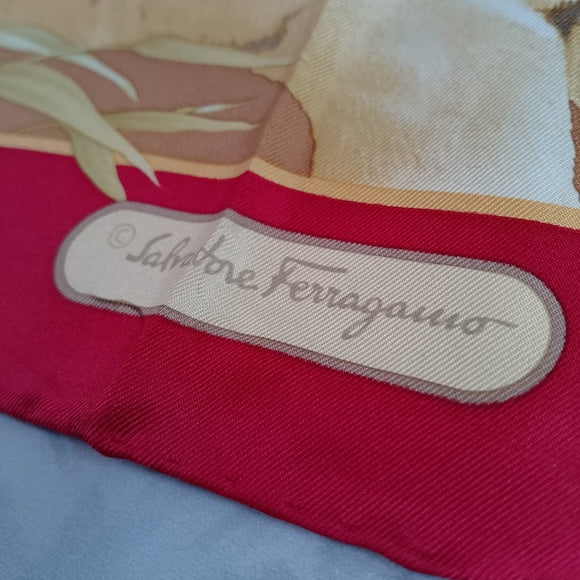 Vintage Salvatore Ferragamo Tiger & Leopard Print Silk Scarf Red Orange Yellow