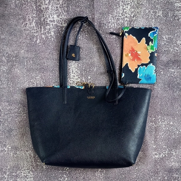 Lauren Ralph Lauren Black Tote with Floral Pouch