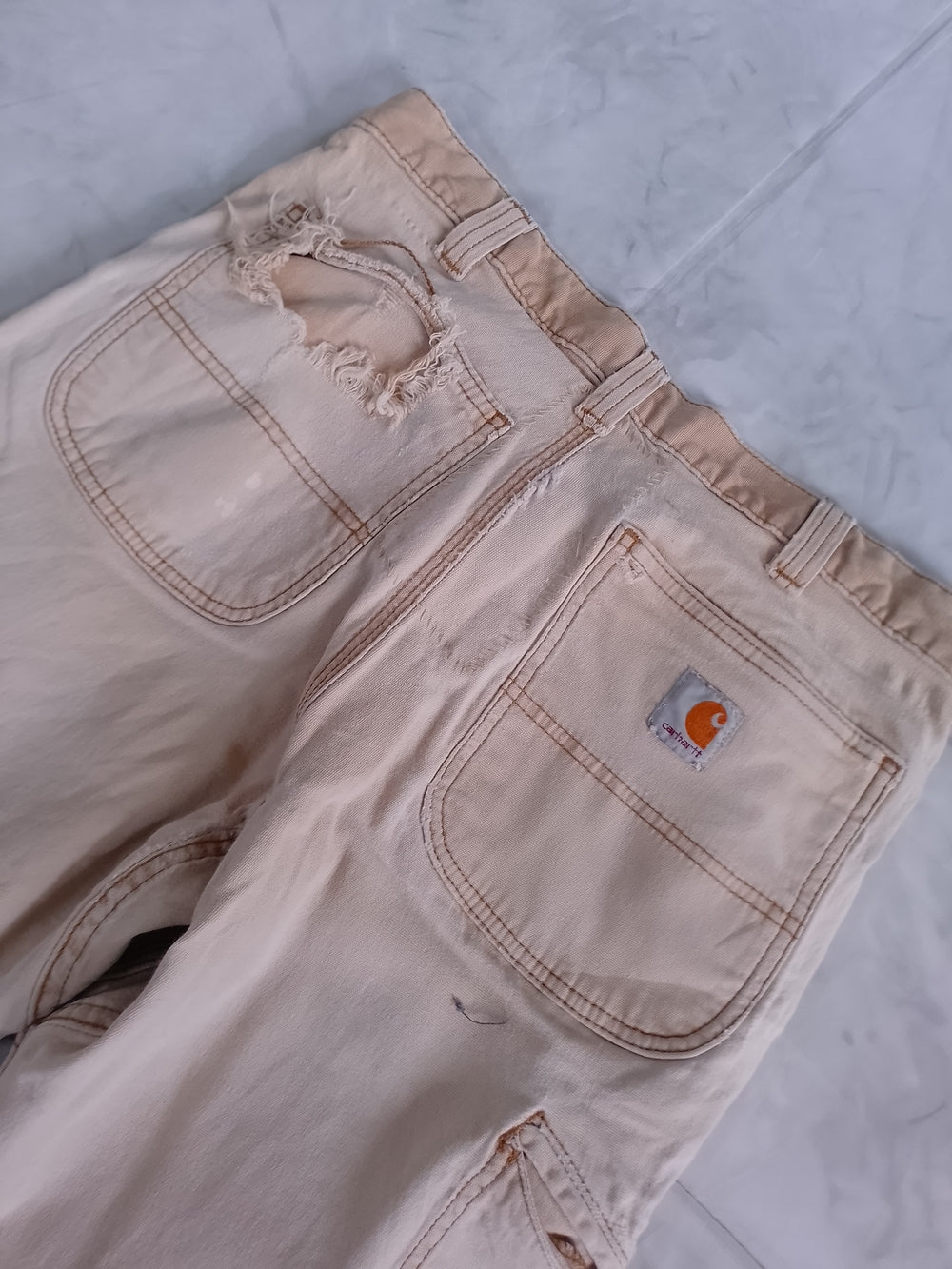 Carhartt Light Beige Utility Work Pants Relaxed Fit DISTRESSED