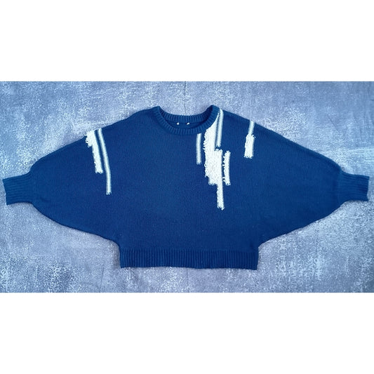 VINTAGE BIG PUFFY ARMS Navy Blue Sweater with White Accents