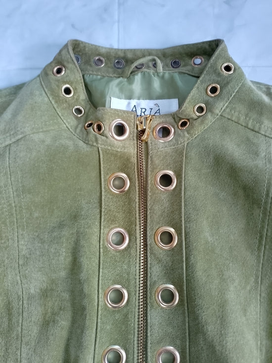 Aria Olive Green Suede Jacket with Gold Grommets
