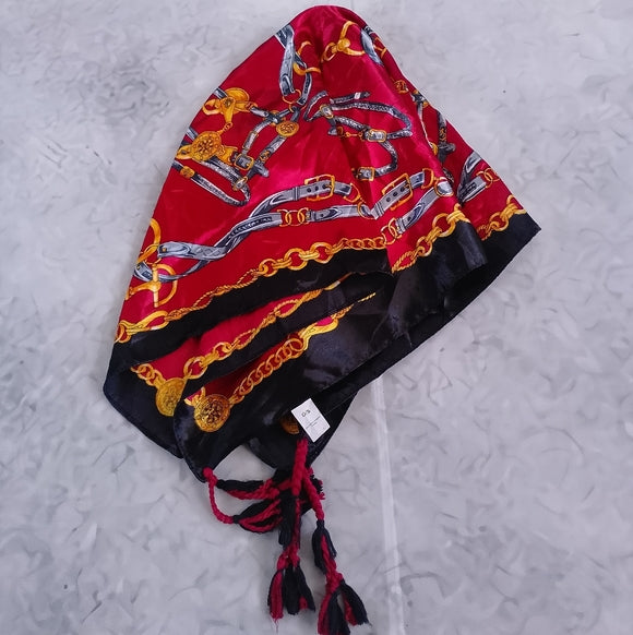 Equestrian Harness Square Scarf Red Black Gold, Horse Print Neckerchief Bandana