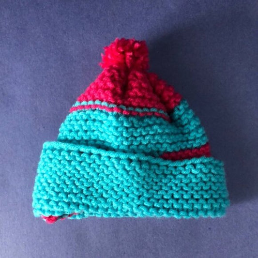 NWOT Vintage Hand-Knitted Made-in-Canada Teal & Red Beanie with Pom Pom