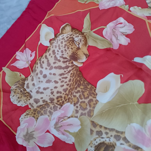 Vintage Salvatore Ferragamo Tiger & Leopard Print Silk Scarf Red Orange Yellow