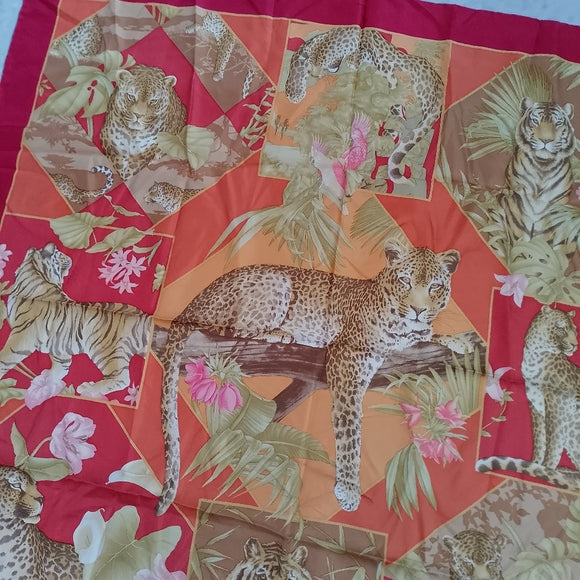 Vintage Salvatore Ferragamo Tiger & Leopard Print Silk Scarf Red Orange Yellow