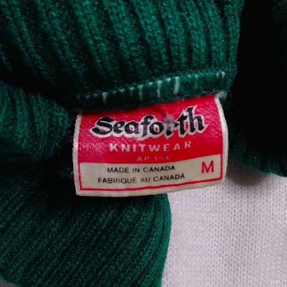 Vintage 80s Seaworth Knitwear Green and White Zip-Up Sweater