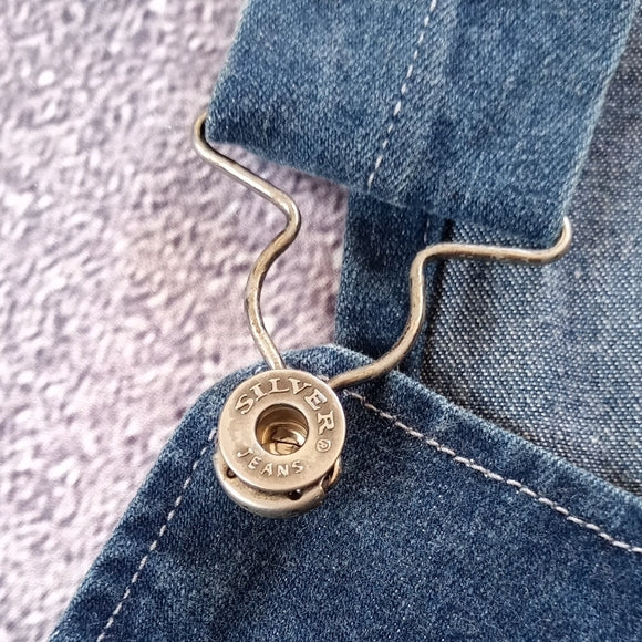 VINTAGE 90s SILVER JEANS DENIM FLARED OVERALLS BIB
