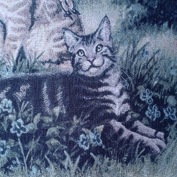 VINTAGE 1996 Floral Cat Tapestry with Tan and Gray Cats PICKEN