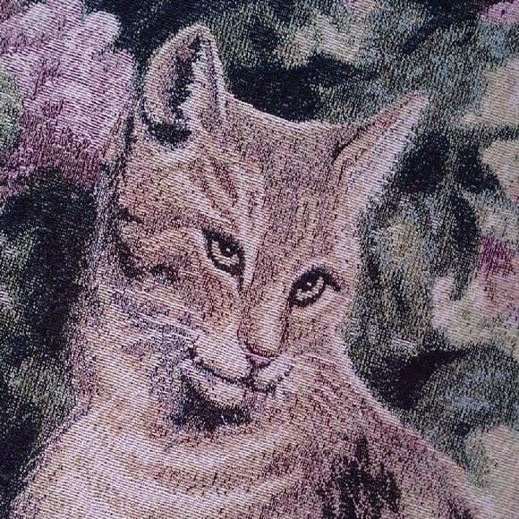 VINTAGE 1996 Floral Cat Tapestry with Tan and Gray Cats PICKEN