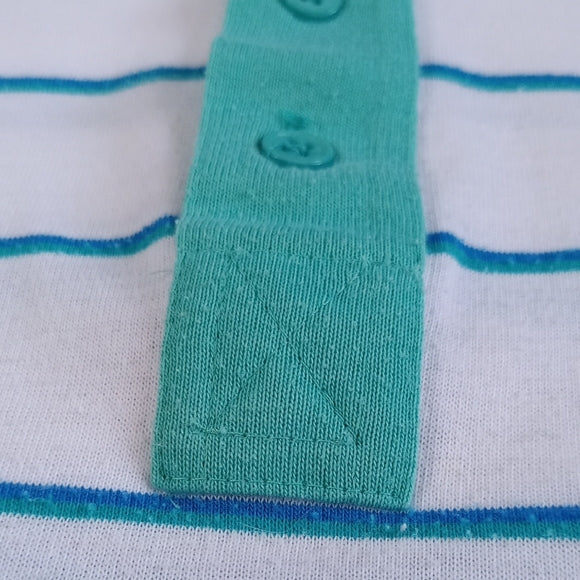 Vintage 90s White Polo Shirt with Teal Stripes and Short Sleeves