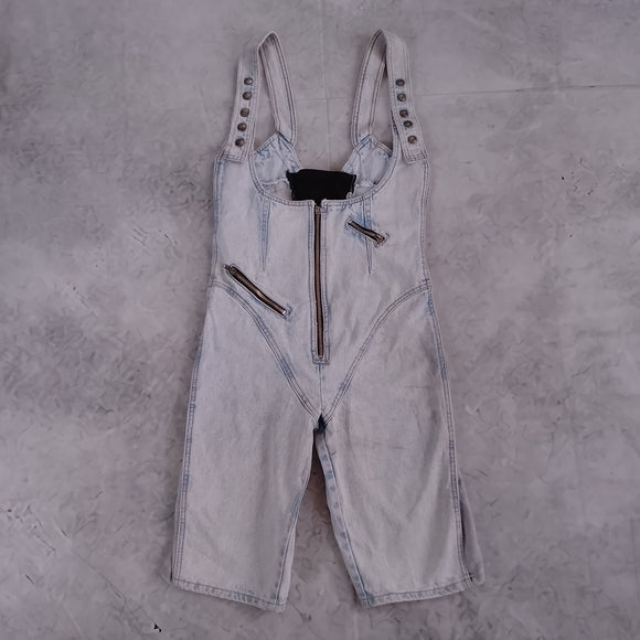 Vintage 90s SANTANA Denim Overalls Shorts Workwear ACID WASH Chain Zipper Detail