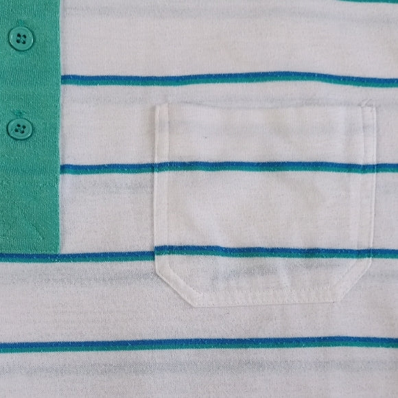 Vintage 90s White Polo Shirt with Teal Stripes and Short Sleeves