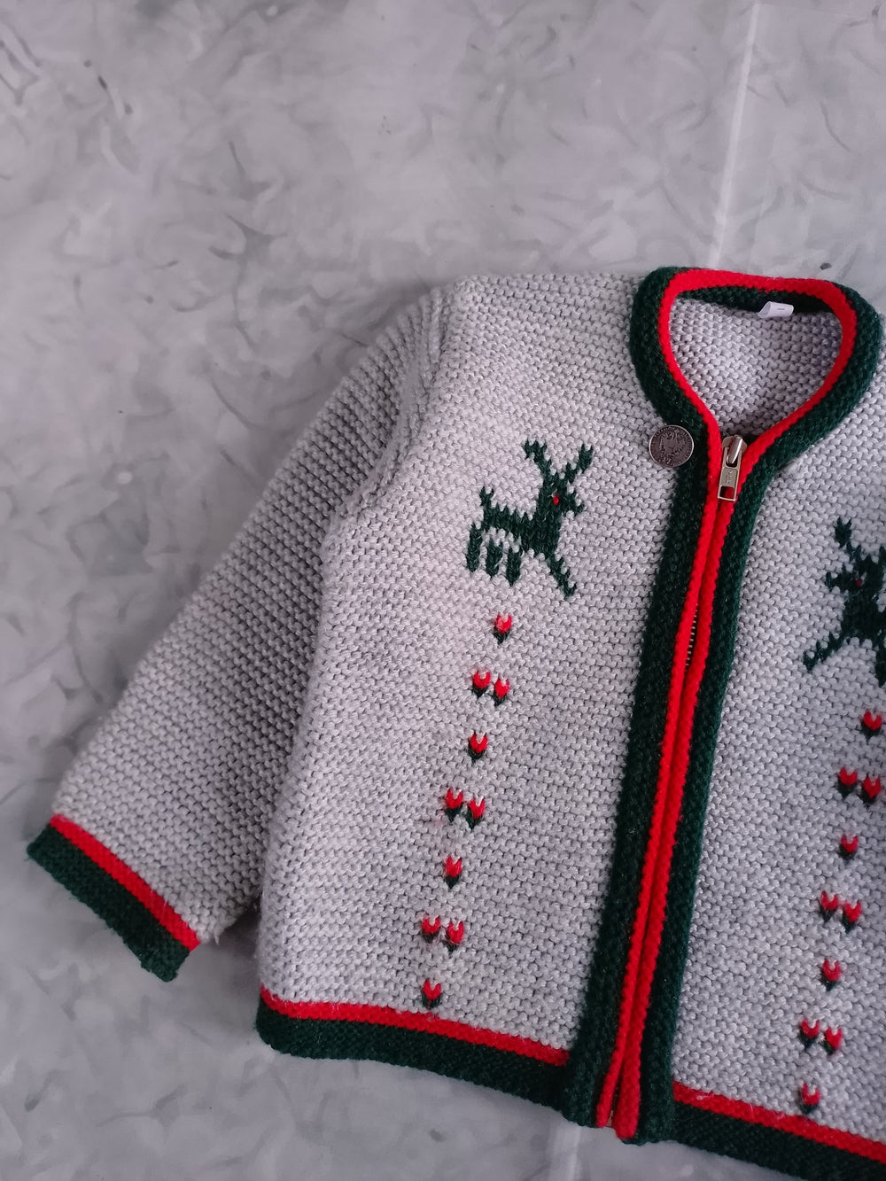 Vintage Green Reindeer & Red Trim Gray Knit Cardigan