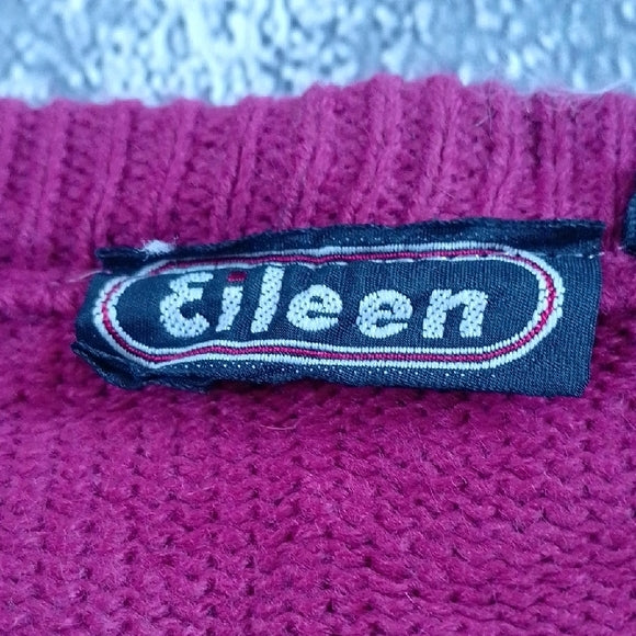 Vintage EILEEN Cable Knit V-Neck Sweater - Rich Berry