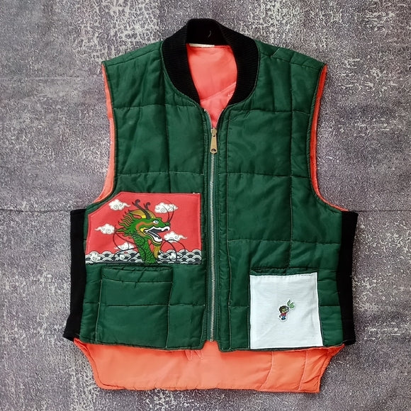 Vintage CUSTOM Green Quilted Vest with Dragon Embroidery