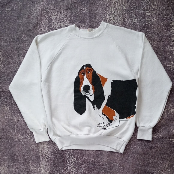 Vintage 1990s Basset Hound Graphic Sweatshirt - White - WRAP UNISEX