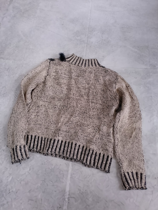 Vintage 90s Womens Two-Tone Knit Sweater in Beige and Black - Mock Neck Wool