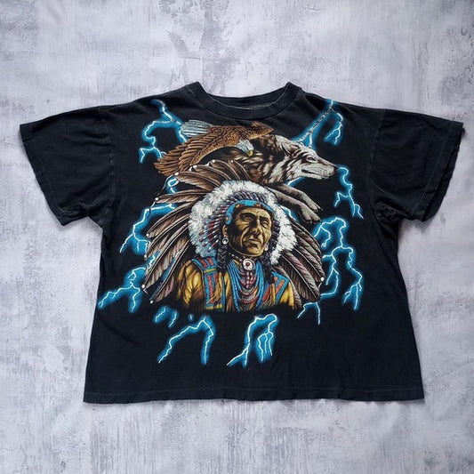 Vintage 90s American Thunder Native Indigenous Wolf Eagle Single Stitch UNISEX