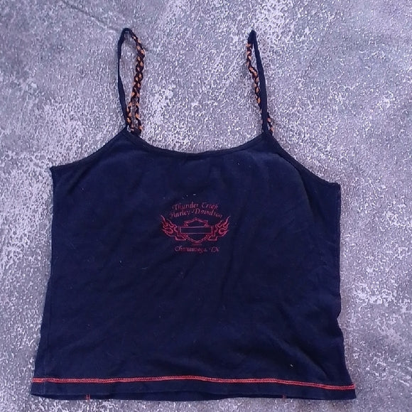 Vintage 2002 Harley-Davidson Black Camisole Spaghetti Strap Orange Detail