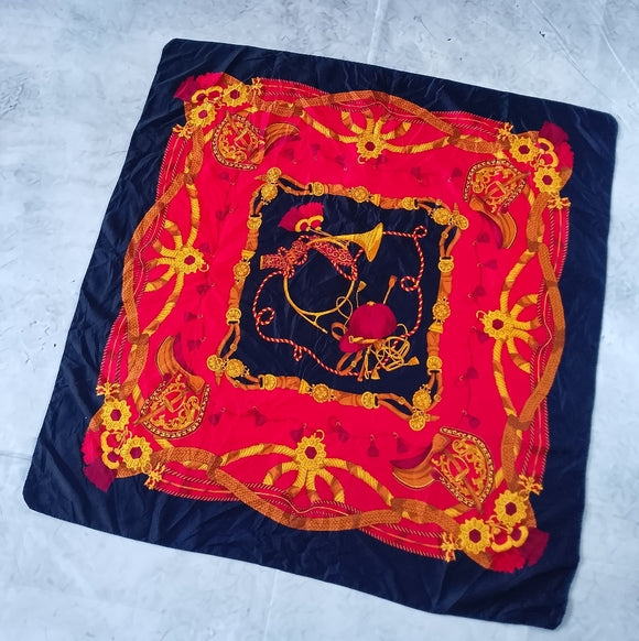 Vintage Luxury Equestrian Silk Scarf Saddle Tassels Horse Riding Print Red Black