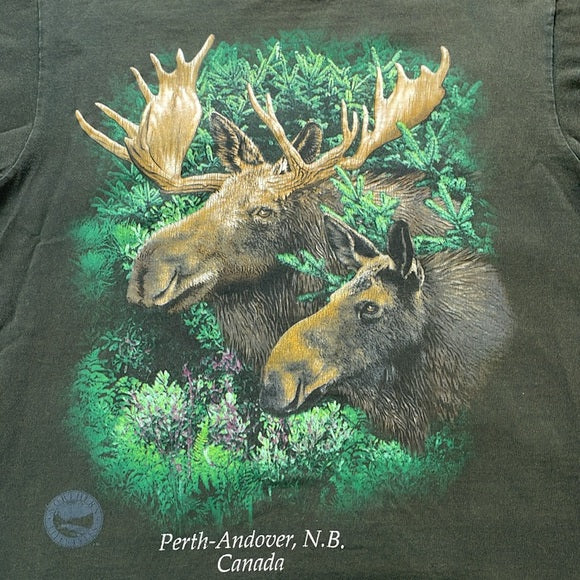 Vintage 90s Moose Big Print All Over Perth N.B. Canada T-Shirt