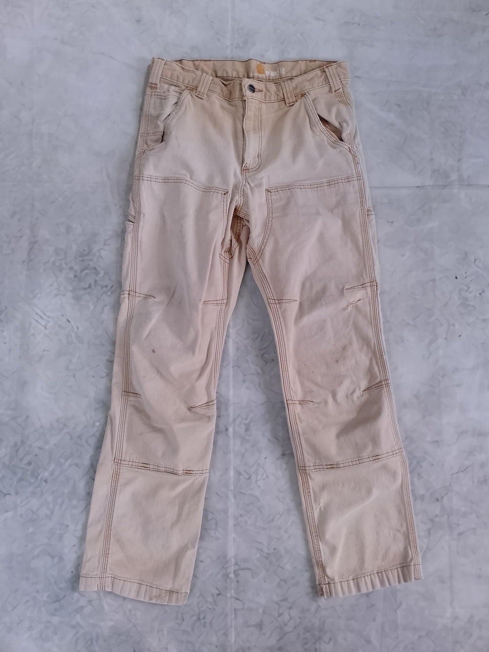 Carhartt Light Beige Utility Work Pants Relaxed Fit DISTRESSED