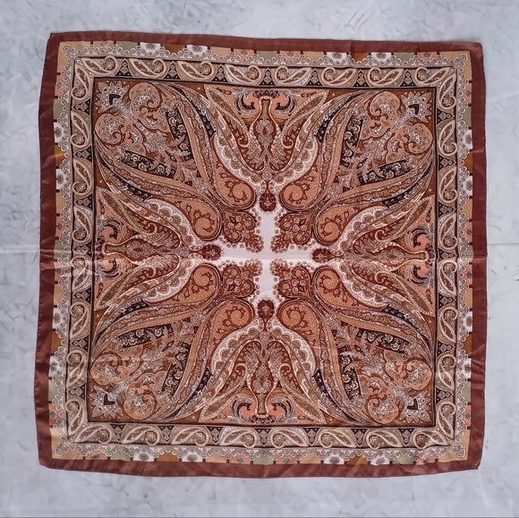 Vintage Paisley Square Scarf Brown Tan Paisley Print 25” Polyester Retro Scarf